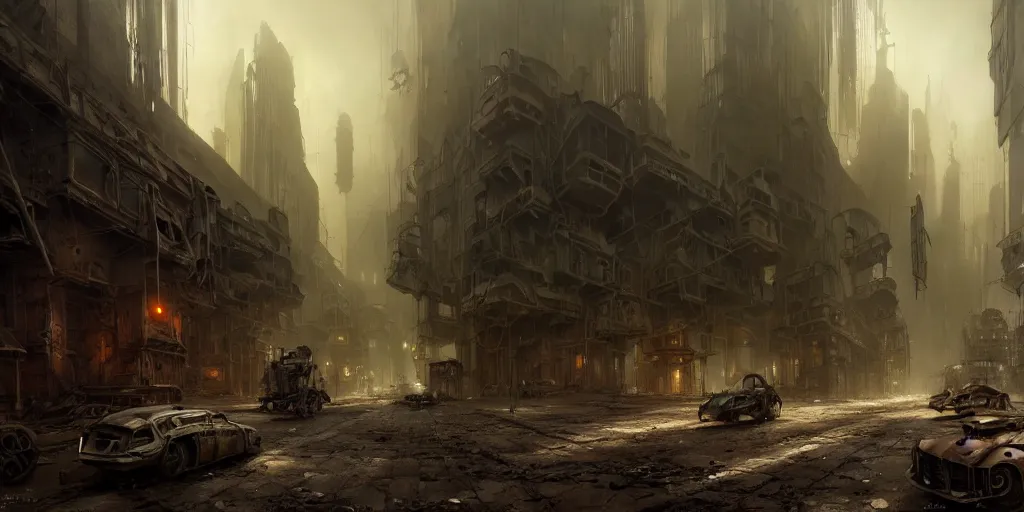 Prompt: an abandoned dystopian city, by federico pelat and craig mullins, epic steampunk arachnid - shaped machinery, by michael weisheim beresin and james paick and stephan martiniere, concept art, hyperrealism, 8 k resolution, octane render, cinematic, ominous, intricate details, volumetric lighting, misty