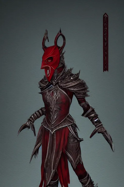 Prompt: female adventurer in tight full - body daedric leather armor of dunmer design with dark red cloth underneath and with a red porcelain crow mask, trending in artstation, establishing shot