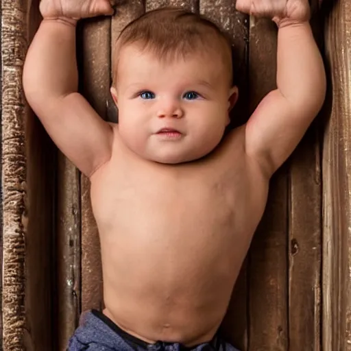 Image similar to huge muscles bodybuilder but as a baby in a crib, genetically engineered, rippling muscles, huge veins, bulging muscles, ripped, flexing, intense expression, award winning photography, high detail