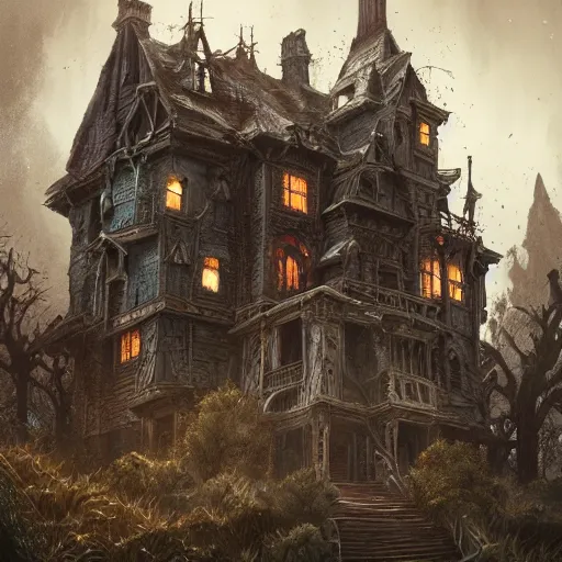 Image similar to detailed the huge haunted house on the edge of a hill , highly detailed, illustration, fantasy art, in the style of greg rutkowski, epic, fantasy, intricate, hyper detailed, artstation, concept art, smooth, sharp focus, ray tracing