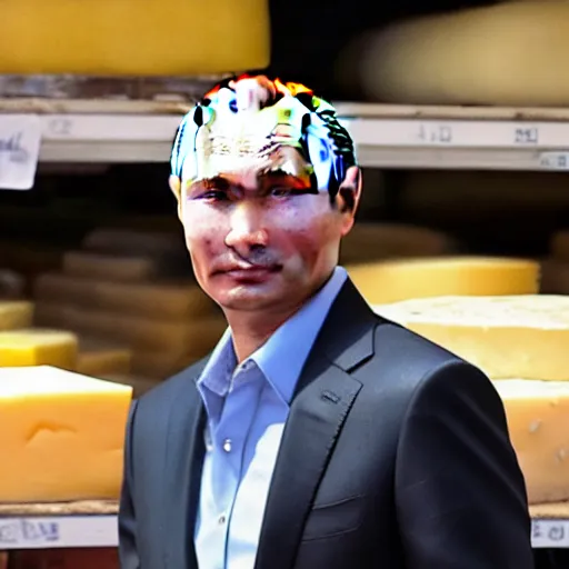 Image similar to close up of vladimir putin visiting a cheese market