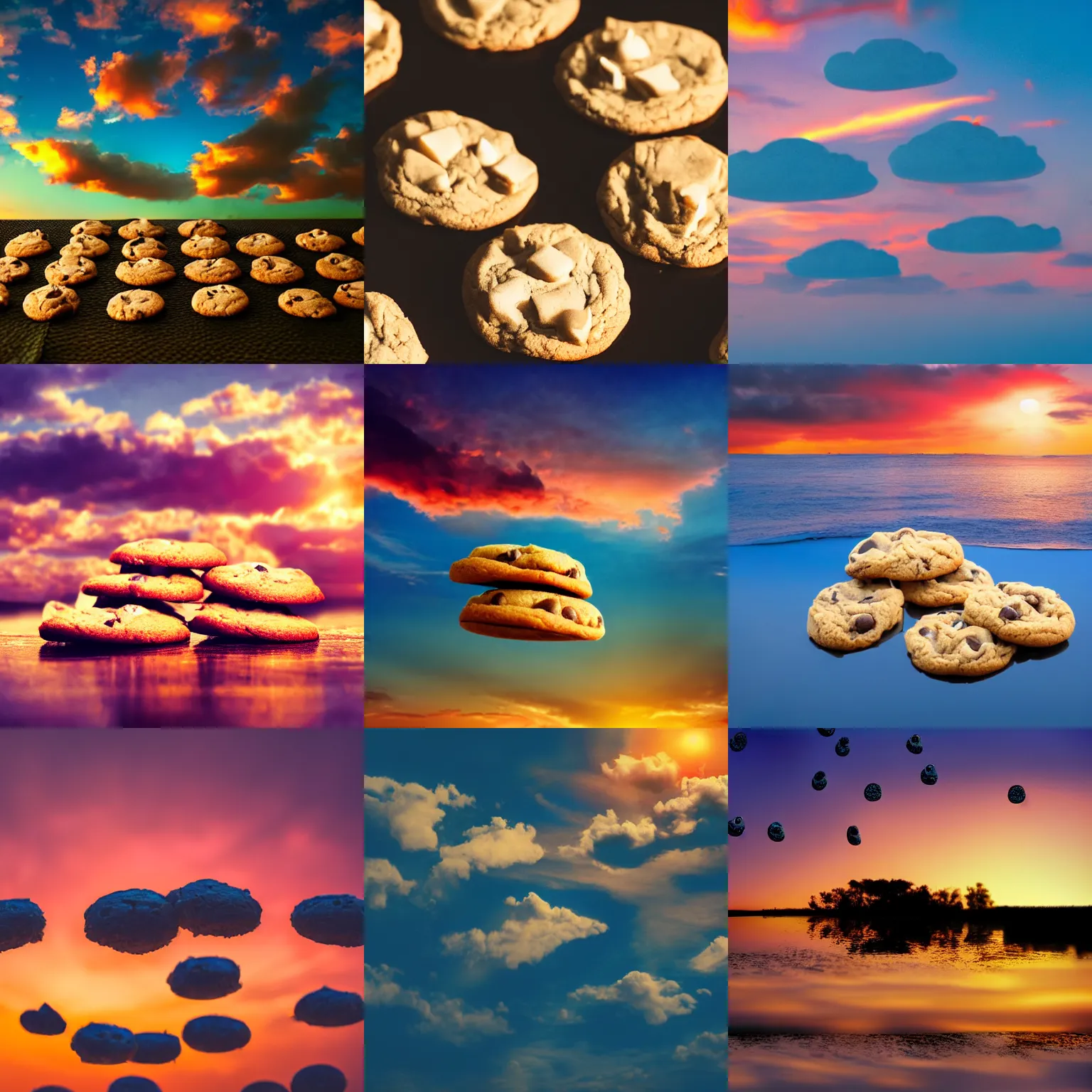 Prompt: cookies floating in the sky, sunset background, hd photo