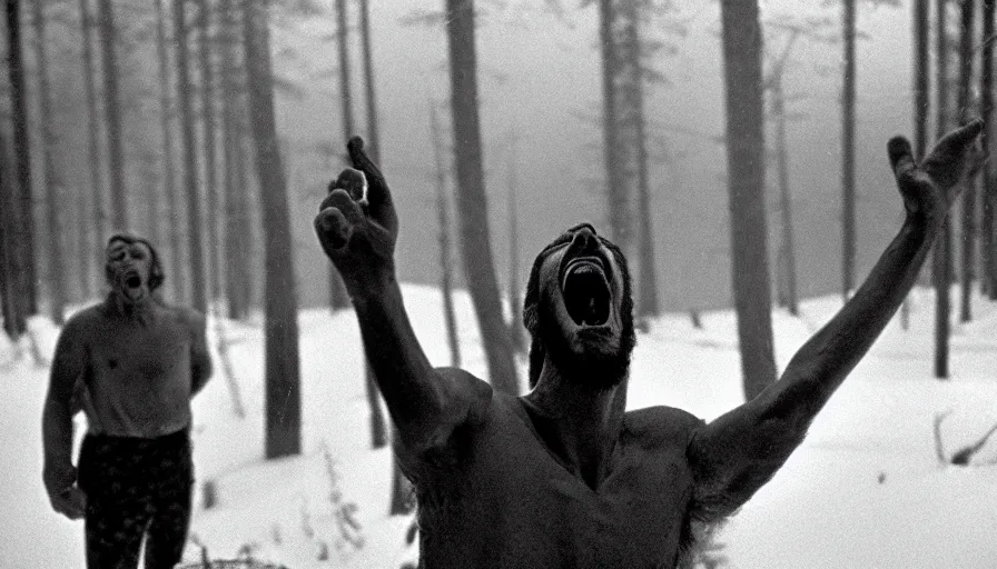 Image similar to 1 9 6 0 s movie still close up of skinny marcus aurelius screaming frozen to death in a river with gravel, pine forests, cinestill 8 0 0 t 3 5 mm b & w, high quality, heavy grain, high detail, texture, dramatic light, anamorphic, hyperrealistic, foggy