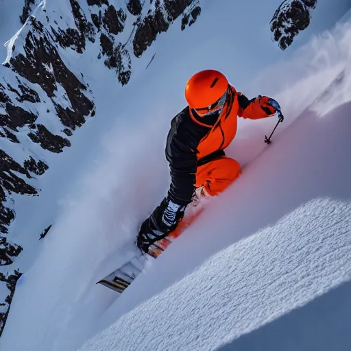 Image similar to skier in orange snow pants and black jacket skiing down a steep mountain face , aerial drone footage,