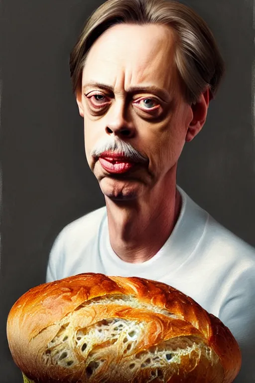 Image similar to beautiful portrait half steve buscemi wearing sourdough bread, by greg rutkowski