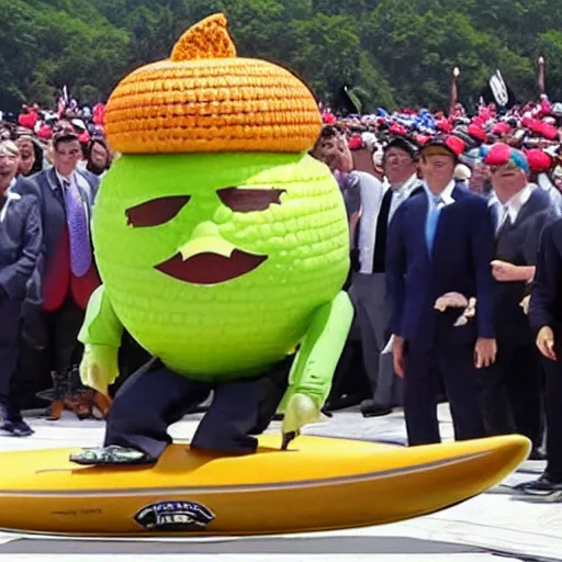 Donald Trump with a melon hat surfboarding a tsunami Stable Diffusion