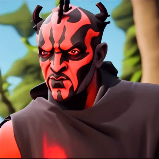 Prompt: Film still of Darth Maul, from Fortnite (2017 online video game)