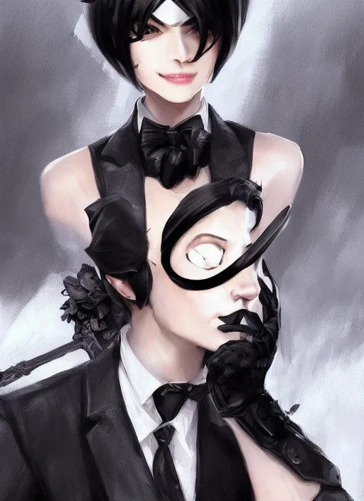 Image similar to a highly detailed illustration of beautiful short black messy haired woman wearing eyepatch!!! and noir style suit and tie, dramatic smiling pose, intricate, elegant, highly detailed, centered, digital painting, artstation, concept art, smooth, sharp focus, league of legends concept art, WLOP