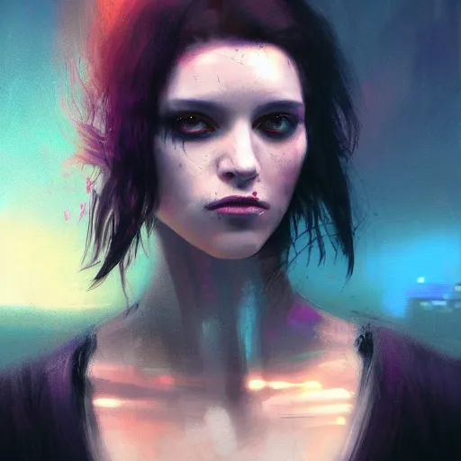 Prompt: molly millions, portrait of a young beautiful cyberpunk woman, mirror eye implants, black hair in a rough shag, street samurai, sunset, neuromancer, cyberpunk city background, megacity, gorgeous view, depth, painted by seb mckinnon, high detail, digital art, painted by greg rutkowski, trending on artstation