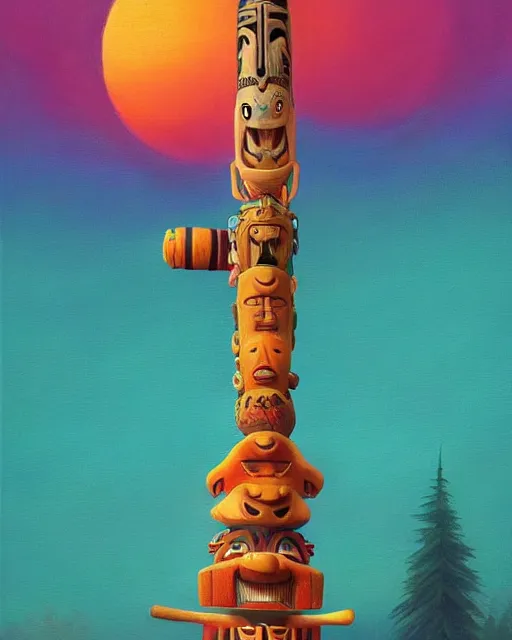 Prompt: a painting of a tribal tiki hut with a totem pole, a surrealist painting by Naoto Hattori, close up, sunset, by Beeple, symmetry, by Makoto Shinkai and Lois van baarle, trending on deviantart, pop surrealism, lowbrow,, whimsical