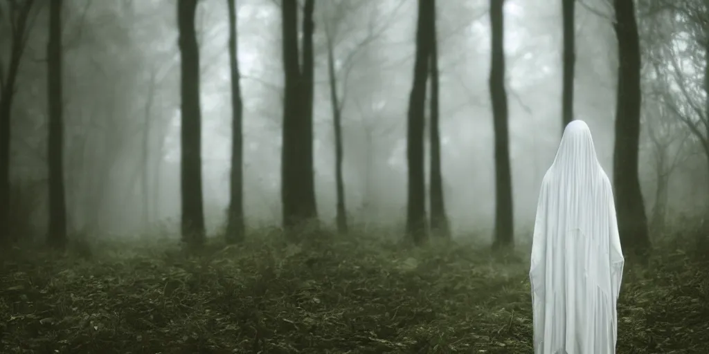 Image similar to a white female ghost in a forest, 35mm, cinematic atmosphere, mist, photorealistic, depth of field, gloomy