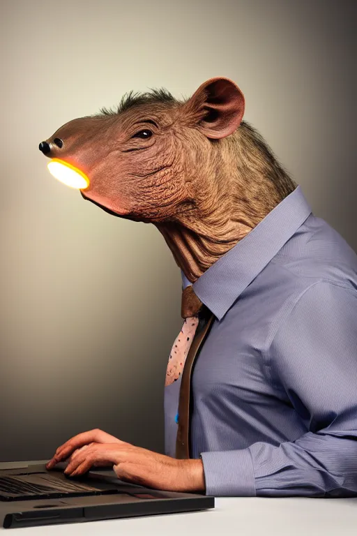 Prompt: anthropomorphic warthog that looks like a human, wearing a shirt, business attire, sitting at a desk with a laptop, realistic, colored studio lighting, professional photography, nikon 5 0 mm f / 1. 8 g, canon