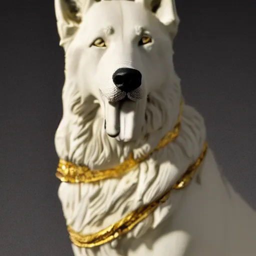 Image similar to detailed photo of a white shepherd statue made of gold, various posed, studio light, 8 k, photorealism, intricate detail, museum diffuse lighting