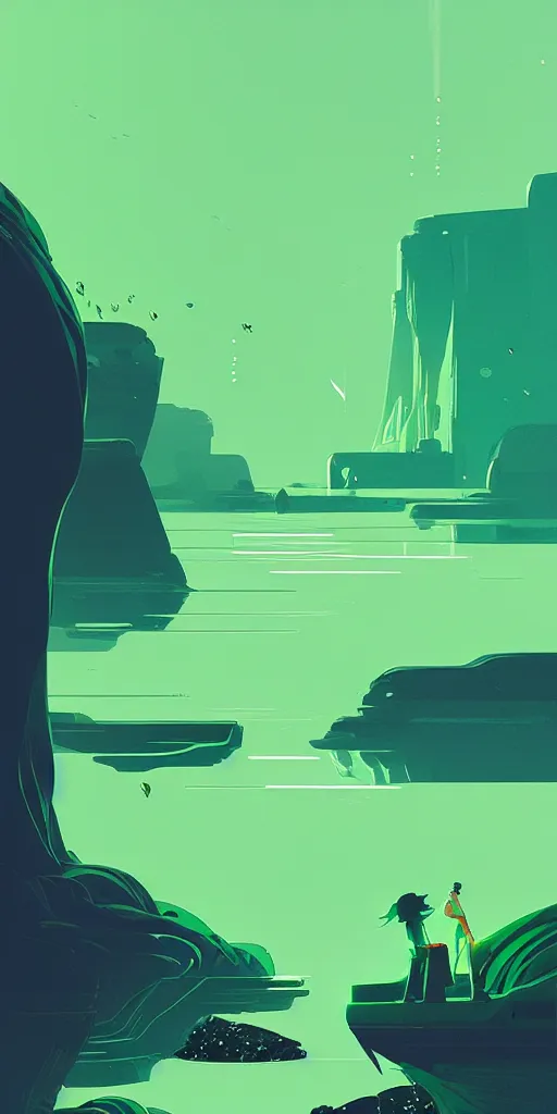 Image similar to by moebius and atey ghailan | a bright green river with clear crystal boats moving up and down it |