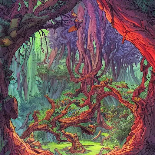 Prompt: a large gateway in the woods that leads to a strange, mystical, colourful landscape, highly detailed, smooth, sharp focus, bold colours, high contrast, unique, graphic novel, art by michael choi and joe madureira,