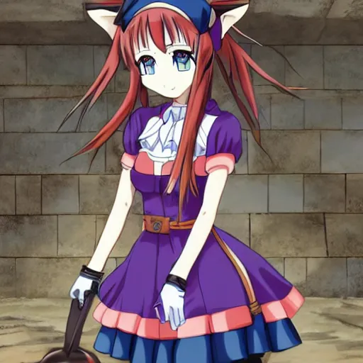 Image similar to anime archaeologist catgirl wearing a maid outfit exploring the eqyptian tombs inside the pyramids