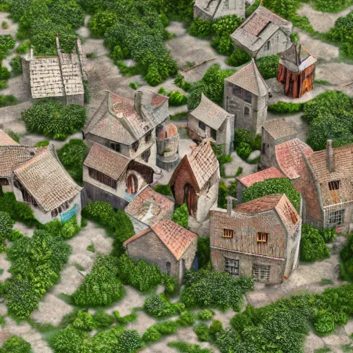 Image similar to small medieval village top view, photorealistic, trending on artstation