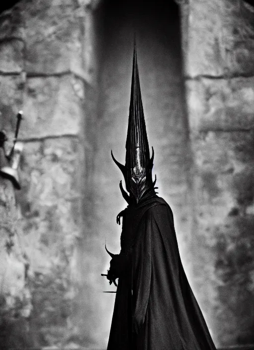 Image similar to the dark lord sauron, in the style of akira kurosawa, cinema, sharp focus, black and white, film grain, photographic