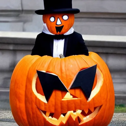 Image similar to angela merkel is the award winning pumpkin head of halloween.