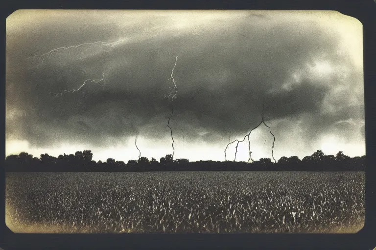 Image similar to dark old polaroid of an lightning strike hitting a corn field during a thunderstorm, pictorialism, desolate