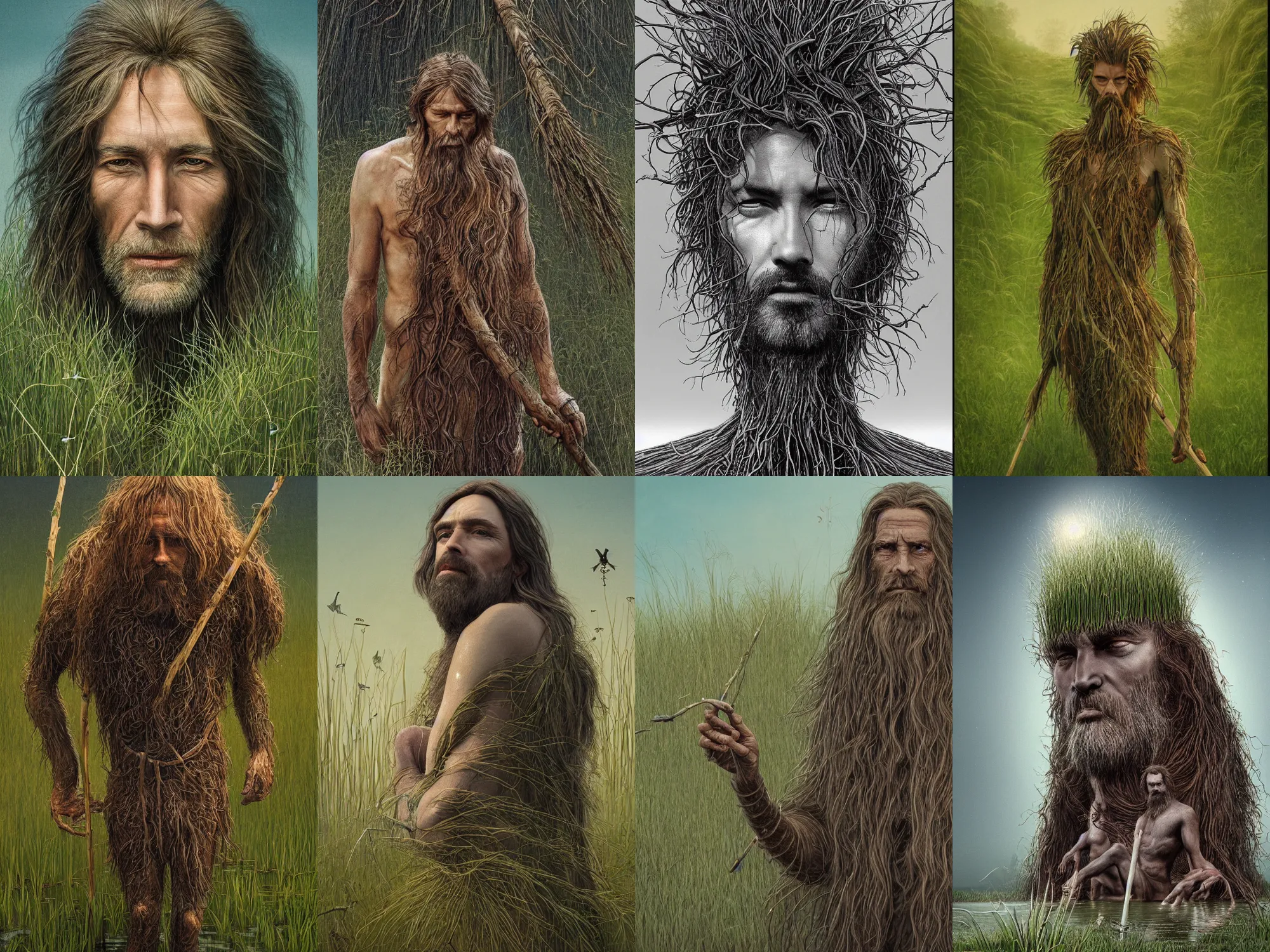 Prompt: a portrait of the king of nature with long hairs and his legs are made of grass and sticks, a pond with grass in the background, art by James Jean and Wayne Barlowe, high detail, cinematic, cgsociety 8k