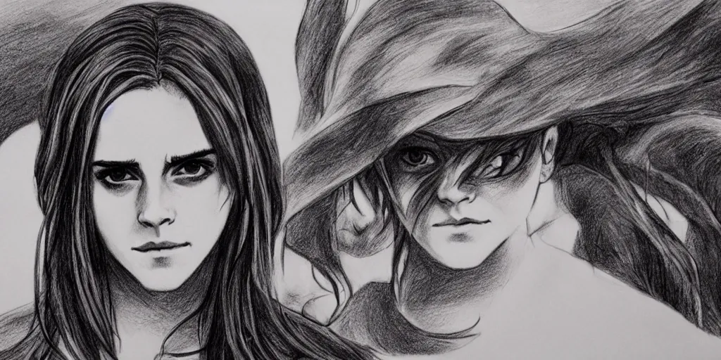 Image similar to emma watson in a demon slayer manga, pencil and vine charcoal drawing, on medium grade paper, indian ink, variable lineart, grayscale, manga tones, detailed, set in hell, with volcanoes in the background, threatening an oompa loompa, hyper realistic