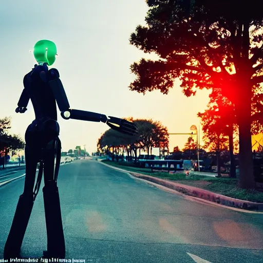 Image similar to a calming photograph of a tall, slender, humanoid robot caresses a beautiful woman in the face, large shot, wide shot, in a street, sunset photo