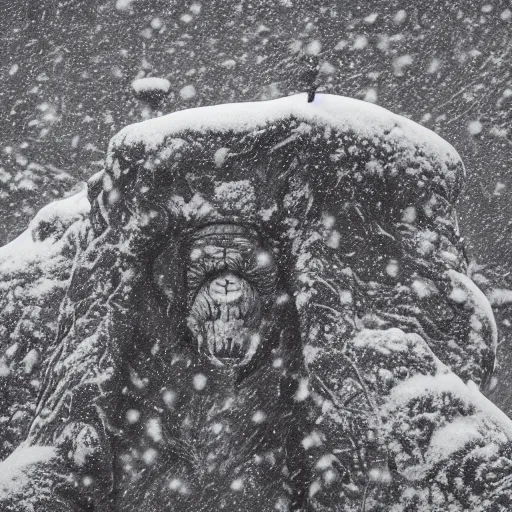 Image similar to a monolithic monster in a taiga. snowing, grainy, overcast sky.