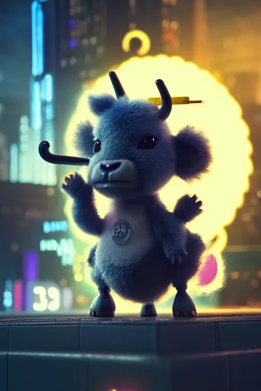 Image similar to high quality 3 d render very cute fluffy! cyborg cow plays guitar, cyberpunk highly detailed, unreal engine cinematic smooth, in the style of blade runner & detective pikachu, hannah yata charlie immer, moody light, low angle, uhd 8 k, sharp focus