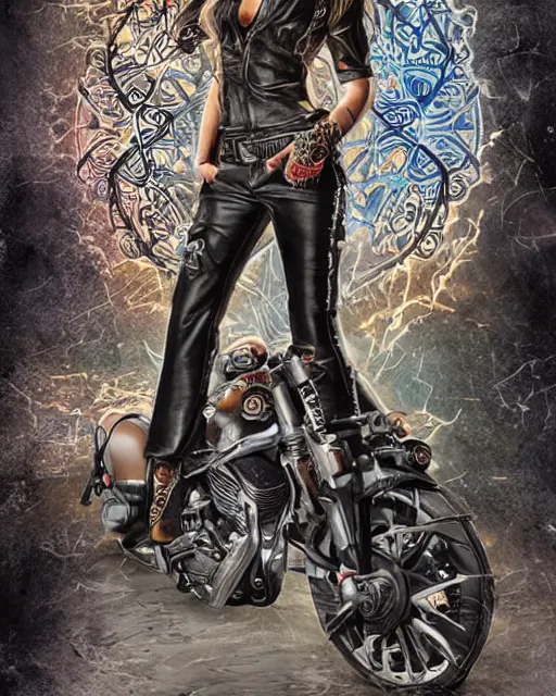 Prompt: centered in composition Adriana Chechik on a motorbike in sons of anarchy tv show, wearing a Desigual t-shit and leather, D&D style , highly detailed, digital art, trending on artstation, smooth, sharp focus, illustration, art by artgem and ROBERT HYNES