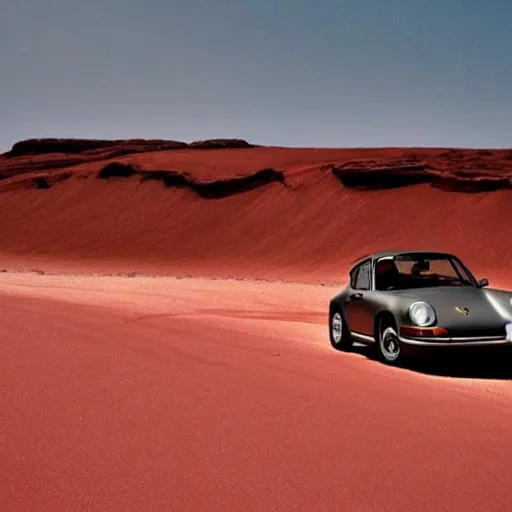 Image similar to porsche 9 1 1, beautiful australian beach, red sand, waves. dust. stars