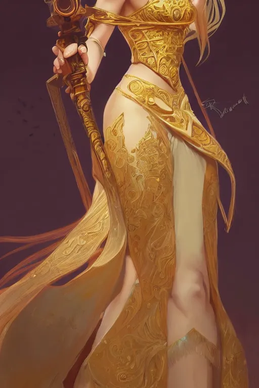 Image similar to beautiful female princess, long dress, full body shot, long hair, d & d, fantasy, intricate, elegant, golden trims, highly detailed, digital painting, artstation, concept art, matte, sharp focus, illustration, hearthstone, art by artgerm and greg rutkowski and alphonse mucha