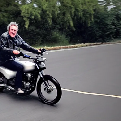 Image similar to jeremy clarkson riding a motorcycle smiling, hyper realistic, photorealistic