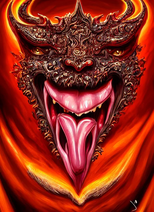 Image similar to naughty devil sticking out tongue, realistic, surealism, lavish, steep, aesthetic, extravagant, shiny, fantasy, intricate, elegant, extremely higly detailed, digital painting, artstation, ornate, grotesque, baroque, concept art, smooth, sharp focus, full body focus, street wear digital art