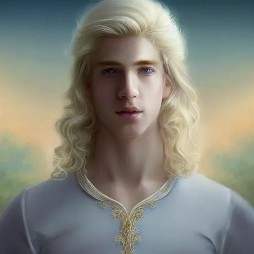 Image similar to Portrait of magical blond prince, very very very very pale white skin, long silky rich golden hair, dreamy and ethereal, pastel blue eyes, peaceful expression, ornate frilly regal shirt, fantasy, intricate, elegant, dynamic lighting, highly detailed, digital painting, artstation, concept art, smooth, sharp focus, illustration, art by artgerm and greg rutkowski and alphonse mucha