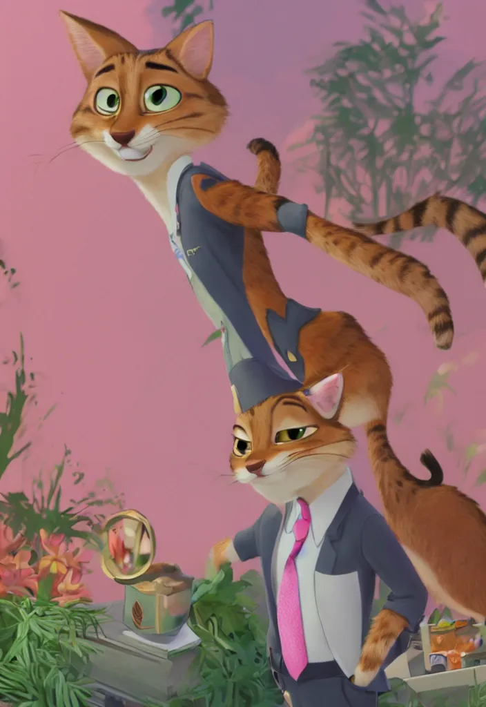 Prompt: portrait of tabby cat in the style of the movie zootopia wearing a pink tuxedo, 4k, digital art, award winning