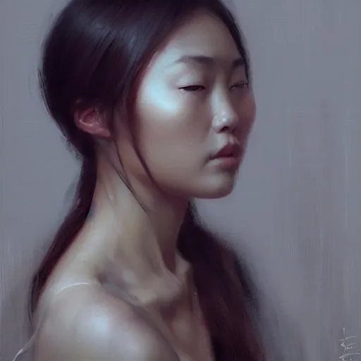 Prompt: perfect, realistic oil painting of close-up japanese girl face, by Greg Rutkowski, by an American professional senior artist, Hollywood concept, dynamic composition and motion, postproduction.