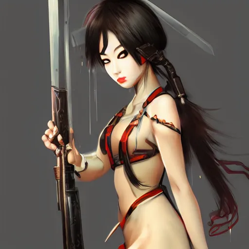 Prompt: beautiful Asian woman with a weapon, full view, character design, warrior outfit, dramatic lighting, by seunghee Lee,detailed, artstation