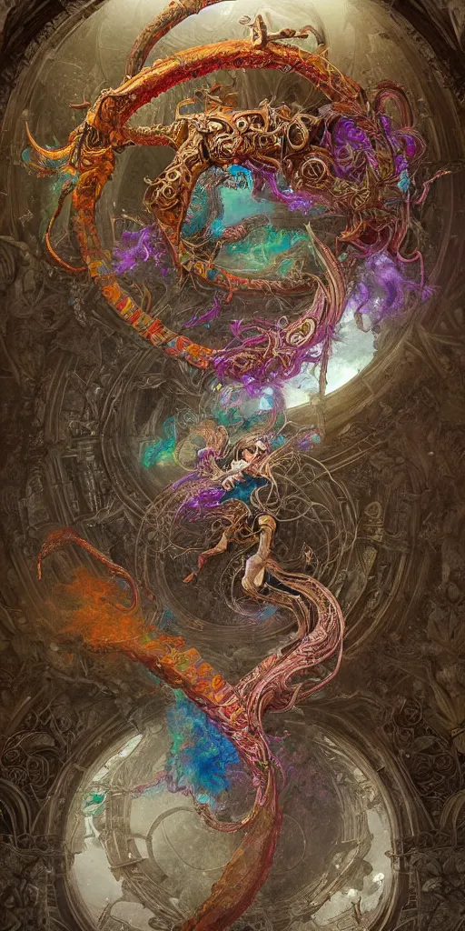 Image similar to enormous colorful psyhedelic Ouroboros floating around inside an ancient mage castle hall colossal scale, gothic and baroque, brutalist architecture, ultradetailed, intricate details by Ellen Jewett and Ayami Kojima