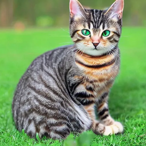 Prompt: weird cute tabby cat mix with green eyes
