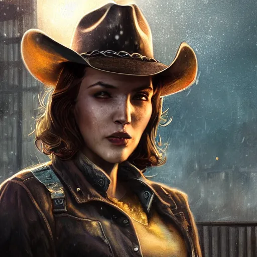 Image similar to fallout 5, charismatic beautiful, rugged, brunette female protagonist wearing a cowboy - hat, portrait, outdoors ruined cityscape, atmospheric lighting, painted, intricate, volumetric lighting, beautiful, daytime, clear weather, winter, sharp focus, deep colours, ultra detailed, by leesha hannigan, ross tran, thierry doizon, kai carpenter, ignacio fernandez rios