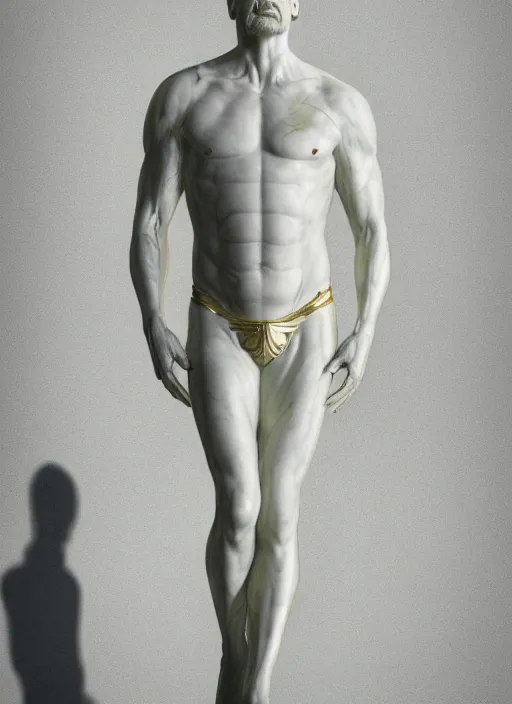 Image similar to a statue made of white marble with gold veins, of kelsey grammer as frasier crane, transhumanism, full body shot, perfect symmetrical body, perfect symmetrical face, hyper realistic, hyper detailed, by johannen voss, by peter kemp, by monia merlo, by michelangelo, octane render, blender, 8 k