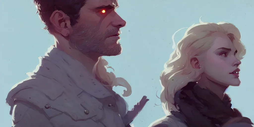 Image similar to portrait of cullen with a beautiful woman he loves by atey ghailan, by greg rutkowski, by greg tocchini, by james gilleard, by joe fenton, by kaethe butcher, dynamic lighting, gradient light blue, brown, blonde cream and white color scheme, grunge aesthetic