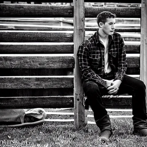 Prompt: a candid photo of a very handsome young farm hands, sitting on a fence confessing his romantic love for his best friend.