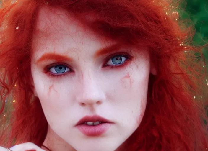 Image similar to award winning 3 5 mm close up face portrait photo of a redhead with blood - red wavy hair and intricate eyes that look like crystals, in a park by luis royo