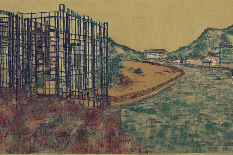 Image similar to a chinese prison near a river by peter doig, overlaid with chinese adverts