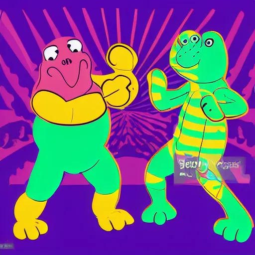 Prompt: boxing match between Barney the Dinosaur and Mr Blobby. 8k vector art