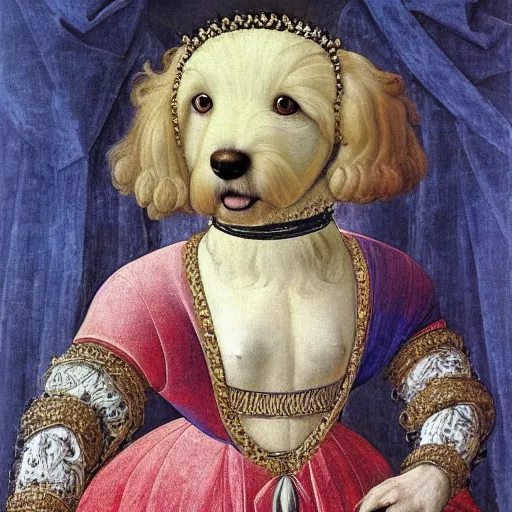 Prompt: portrait of a white labrododdle dog as an italian queen, painting by botticelli, 1 4 8 0 s