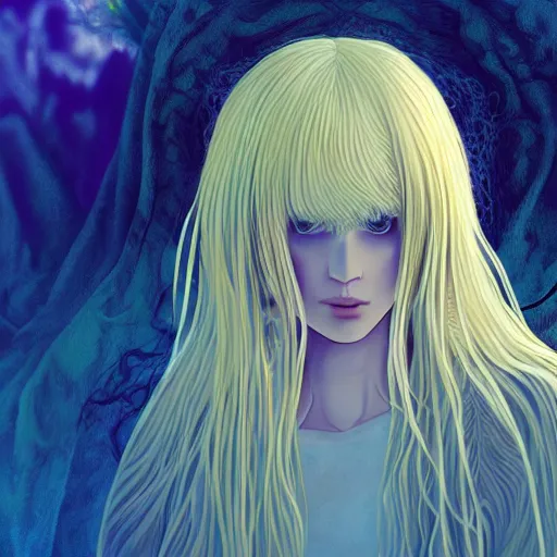 Image similar to Portrait of an androgynous blond prince in a beautiful world, pale milky white skin and long fluffy curly blond hair, symmetrically center parted curtain bangs, intricate, elegant, fantasy, highly detailed, digital painting, concept art, Junji Ito, sharp focus, illustration, beautiful volumetric lighting, epic light, artstation, magic hour lighting, colorful, sunshine, springtime, art by Sylvain Sarrailh