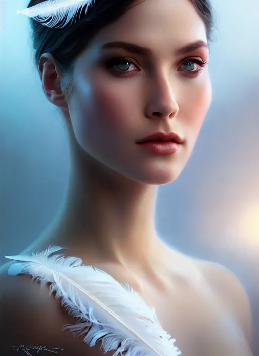 Image similar to a gorgeous female photo, professionally retouched, soft lighting, wearing a feather dress, realistic, smooth face, perfect eyes, wide angle, sharp focus on eyes, 8 k high definition, insanely detailed, intricate, elegant, art by artgerm and greg rutkowski and tom bagshaw